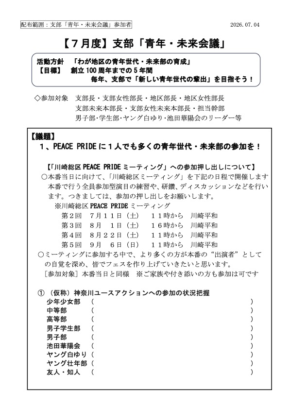7月度 支部 青年・未来会議 議題資料 画像
